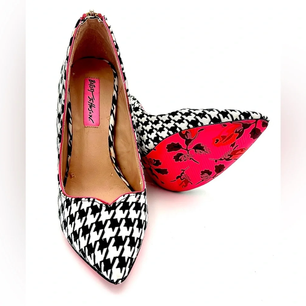 Betsey Johnson Black & White Houndstooth Pumps with Hot Pink Floral Pointed Toe